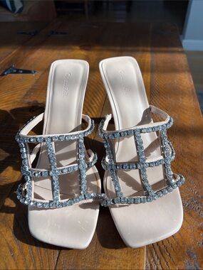 Open Edit Crystal Cage Beige Slide Mules